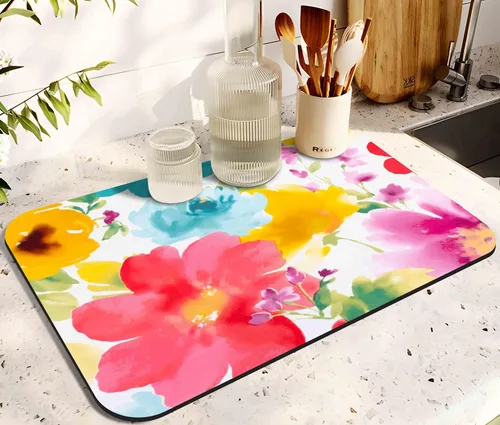 Miniatura 21 de Tapete de secado de platos para encimera de cocina 20x12 pulgadas, tapete de secado rápido de platos lavable, tapete de drenaje absorbente con Limón