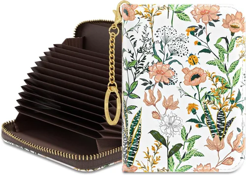 Miniatura 9 de Rouidr Tarjetero de crédito para mujer, pequeña cartera organizadora de tarjetas RFID delgada con cremallera y llavero, Elegante diseño floral.