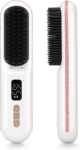 Miniatura 10 de Cepillo alisador de cabello, mini cepillo alisador inalámbrico portátil para viajes, iones negativos con peine caliente con 9 temperaturas