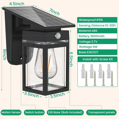 Miniatura 7 de Luces Solares de Porch al Aire Libre, del Anochecer al Amanecer y Luz de Pared con Sensor de Movimiento con Forma de Linterna, 3 Modos IP65