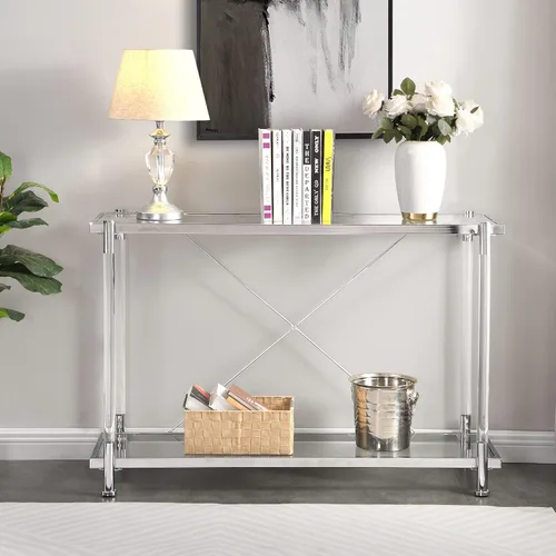 Miniatura 2 de Moderna mesa consola de cristal plateado, mesa de sofá estrecha para entrada con estantes de almacenamiento de 2 niveles para pasillo, espacio