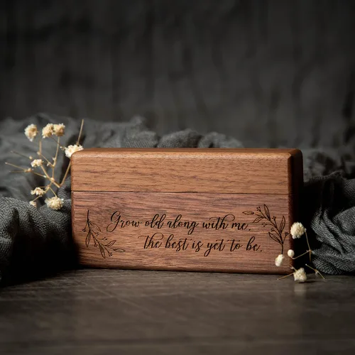 Miniatura 6 de MUUJEE Caja de doble anillo Caja de madera delgada grabada para boda, ceremonia de compromiso, propuesta de anillo caja para 2 anillos, ideas
