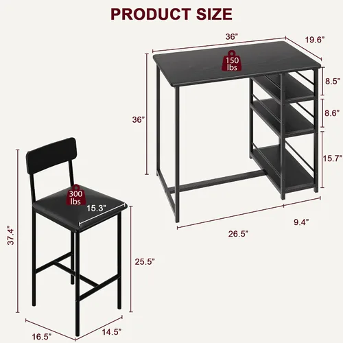 Miniatura 2 de Juego de mesa de comedor IDEALHOUSE para 2, mesa de cocina de altura de mostrador y sillas, juego de mesa de bar con 2 taburetes tapizados, juego
