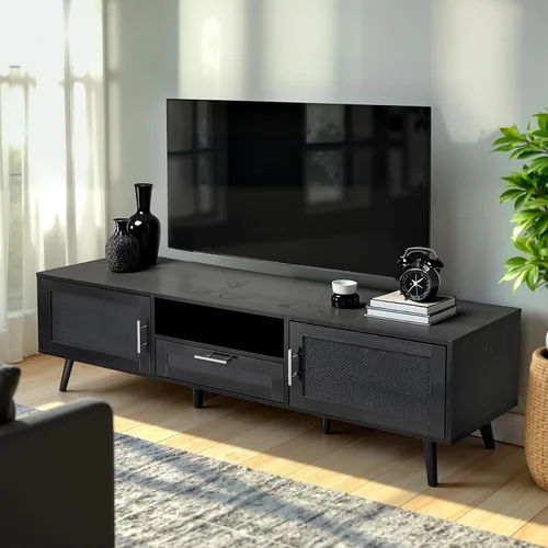 Miniatura 3 de Finnhomy Soporte de TV bohemio de 59 pulgadas para TV de hasta 70 pulgadas, consola de TV con 2 puertas decoradas de ratán hechas a mano, mesa de TV