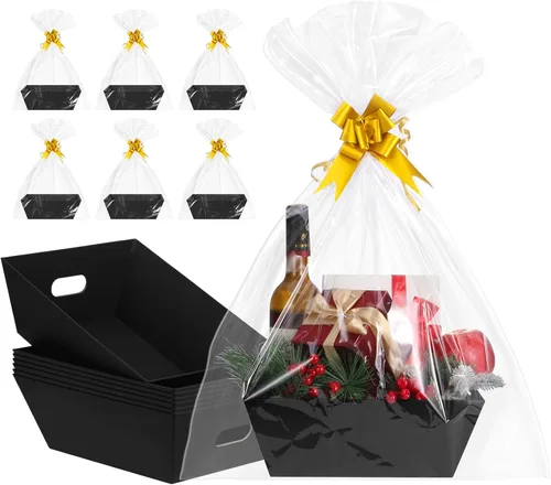 Miniatura 22 de AFOROEOA Paquete de 10 cestas vacías para regalos, cesta de regalo de papel kraft de 10 x 12 pulgadas de grosor con 10 lazos, 10 bolsas vacías