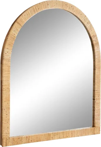 Kate and Laurel Rahfy - Espejo de pared de ratán con arco bohemio, 28 x 32, madera natural, espejo decorativo de madera con marco de ratán auténtico