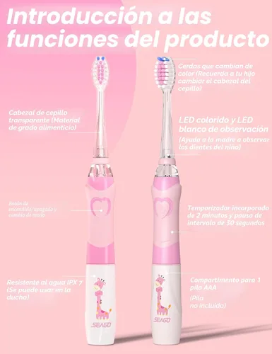 Miniatura 4 de Cepillo de dientes eléctrico infantil, suave, con batería, con temporizador inteligente, resistente al agua, reemplazable, limpieza a fondo para Rosa
