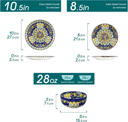Miniatura 2 de vancasso Juego de vajilla de 12 piezas, platos y cuencos azules, juego de platos de porcelana para 4, aptos para microondas y lavavajillas