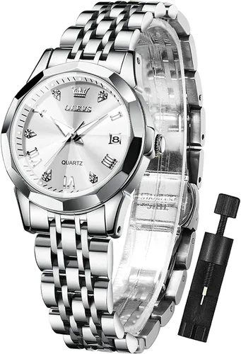 Miniatura 13 de OLEVS - Reloj de mujer de moda, reloj de vestir con diamantes, para mujer, analógico, de cuarzo, acero inoxidable, impermeable, luminoso, con fecha