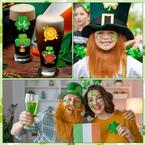 Miniatura 6 de HOWAF 96 tatuajes temporales del día de San Patricio, calcomanías de tatuaje de trébol con purpurina para decoraciones de fiesta irlandesa, tatuajes