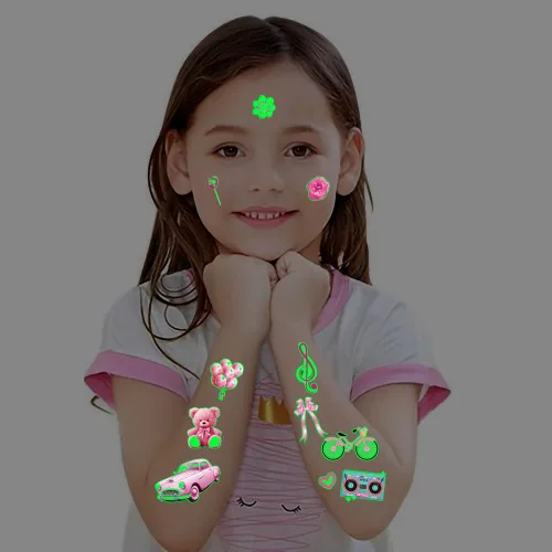 Miniatura 4 de Tatuajes temporales de color rosa que brillan en la oscuridad, más de 90 piezas (10 hojas), tatuajes temporales para mujeres, suministros de fiesta