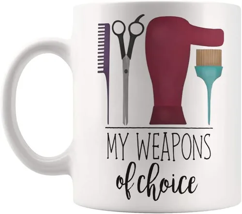 Fonhark - Taza divertida - My Weapons of Choice (Hairdresser) - Para peluquería estilista peluqueros tazas peine secador cepillo tijeras, taza de