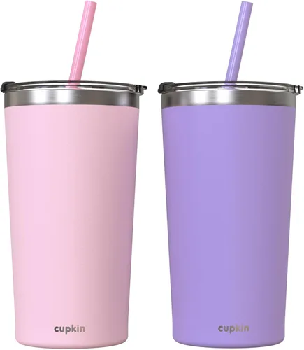 Miniatura 30 de CUPKIN - Taza apilable de acero inoxidable para niños, taza de batido, tazas aisladas con recubrimiento en polvo, tapa libre de BPA y pajilla de Rosa