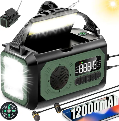 Radio de emergencia de 44400 mWh/12000 mAh, radio solar portátil con manivela AM/FM/NOAA Radio meteorológica con 2 paneles solares, 3 métodos de