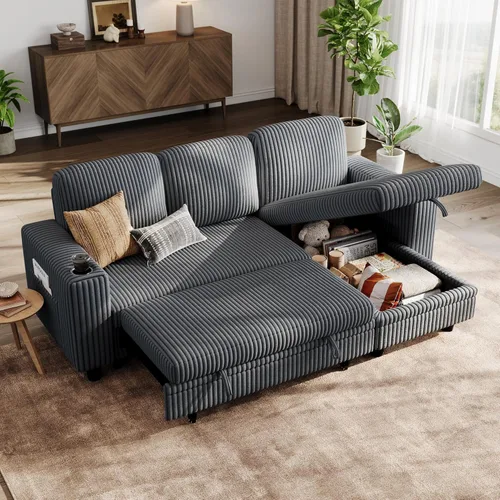 Miniatura 35 de LINSY HOME Sofá cama modular extraíble para sala de estar (beige, sofá cama 1) Sofá cama extraíble, almacenamiento, carga USB, portavasos, pana