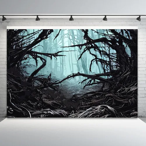 Miniatura 13 de Misty Forest Backdrop Halloween Eve Dark Blue Fog Fall Autumn Maple Leaves Woods Background for Thanksgiving Party Photography Studio Photo Booth