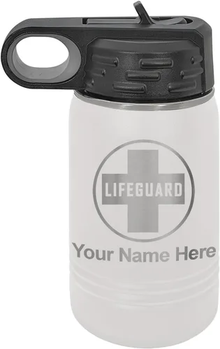 Miniatura 11 de LaserGram Botella de agua personalizada, salvavidas, acero inoxidable de doble pared aislada al vacío con popote superior, regalo grabado Negro