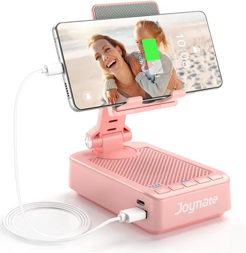 Regalos para hombres y mujeres, soporte para teléfono con altavoz Bluetooth y función de carga, ángulo giratorio de 360°, soporte ajustable para Rosa