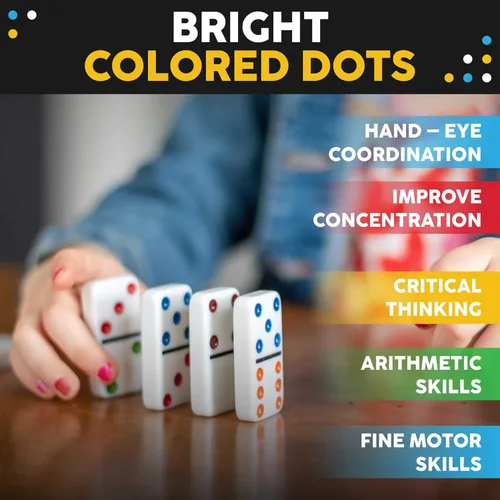Miniatura 5 de Toysery Juego de dominó doble de 6 con puntos de colores. Juego de 28 piezas de dominó blancos para niños con estuche de estaño. Juego educativo