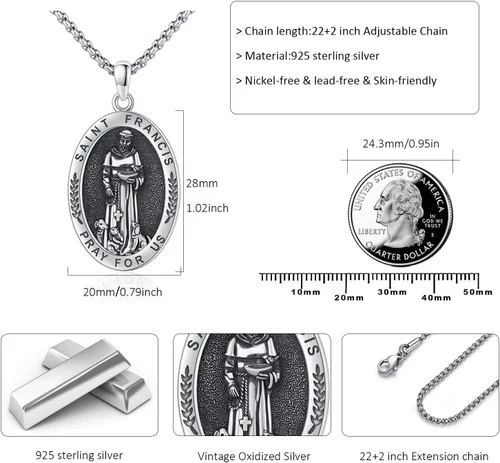 Miniatura 600 de Collar con colgante de plata de ley 925 con medalla de San Patrón, joyería religiosa para hombres y mujeres, con cadena de acero inoxidable 316L