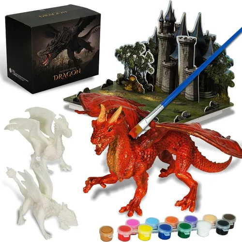 Juego de manualidades para niños, kit de pintura de juguetes de dragón con 3 figuras de dragones y castillo de rompecabezas 3D, el mejor regalo de