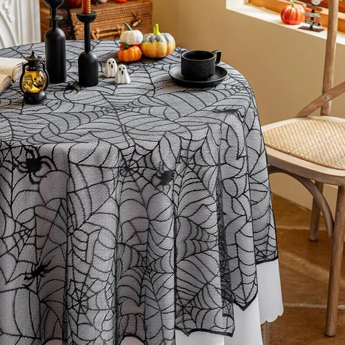 Miniatura 3 de Joyfol Day Mantel de tela de araña de Halloween, mantel redondo de encaje negro de 70 pulgadas, mantel lavable y espeluznante, mesas de telaraña