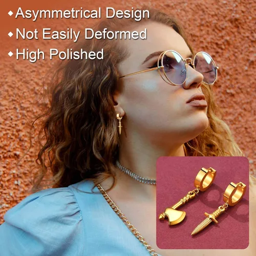 Miniatura 2 de FaithHeart Aretes de aro Huggie para mujer, acero inoxidable, chapado en oro de 18 quilates, aretes colgantes de gota de AnkhCrossCandkBocina