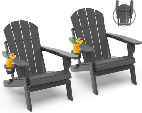 Miniatura 15 de GREENVINES Juego de 2 sillas plegables Adirondack Plástico HDPE Silla para hoguera Todo clima Portavasos Rojo para terraza, patio