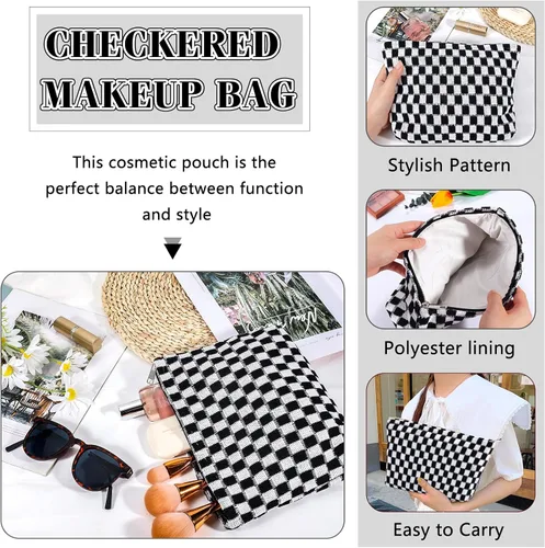 Miniatura 6 de ZLFSRQ Bolsa de maquillaje a cuadros para mujer, de gran capacidad, color negro, juego de bolsa de cosméticos de viaje, bolsa de maquillaje