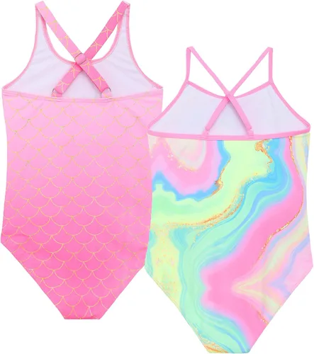 Miniatura 2 de Akokvlar Traje de baño de unicornio de una pieza de sirena para niñas pequeñas, conjunto de dos