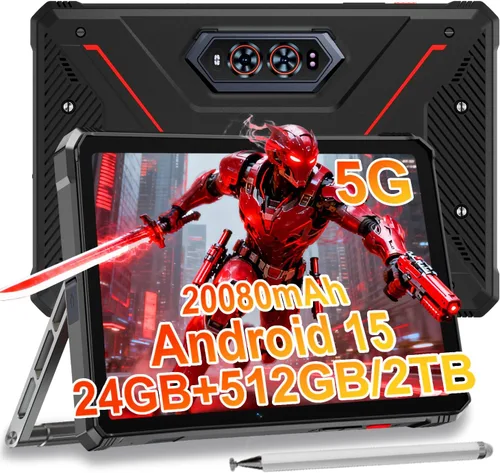 HOTWAV R9 Ultra 5G Tablet resistente, 24GB + 512GB/TF 2TB Android 15 Tablet con lápiz óptico, tabletas impermeables 2K FHD+ de 11 pulgadas, Rojo
