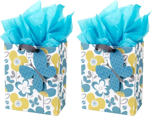 Miniatura 9 de Hallmark Bolsa de regalo mediana de 9" con papel de seda (flores y mariposas; turquesa y amarillo) para cumpleaños, Día de la Madre, despedidas