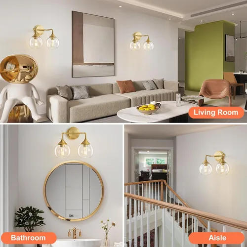 Miniatura 7 de Lámpara de Tocador de Baño Dorada con Pantalla de Vidrio Transparente, Base E26, Luminarias de Baño de 2 Luces Sobre Espejo, Luces de Tocador de 14
