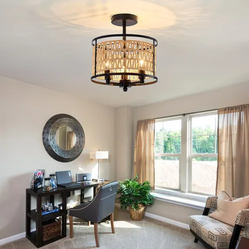Miniatura 6 de Lámpara de techo de ratán de 3 luces, de 11 pulgadas, estilo bohemio, semiempotrada, lámpara de techo negra tejida a mano para casa de campo