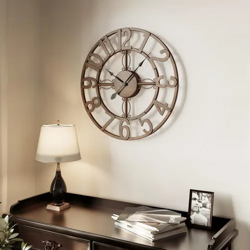 Miniatura 12 de Reloj de pared negro de 16 pulgadas decorativo, moderno reloj de metal para sala de estar, funciona con pilas, silencioso, sin tictac, números
