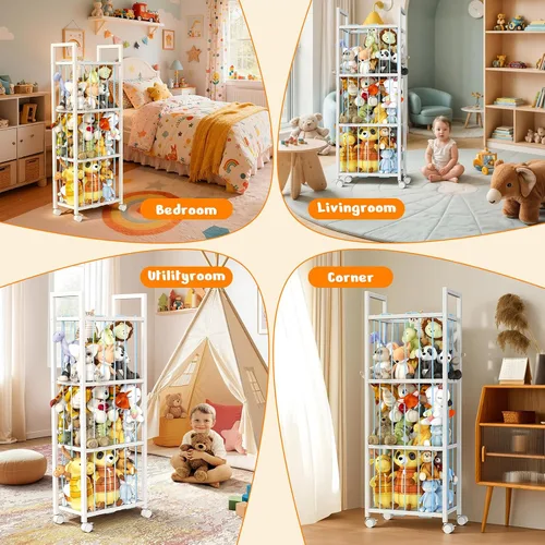 Miniatura 8 de Almacenamiento de animales de peluche, soporte de metal para animales de peluche con ruedas y cordones elásticos, organizador de juguetes