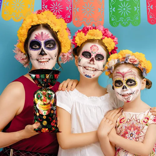 Miniatura 5 de 100 bolsas de regalo del Día de los Muertos, bolsas de plástico de celofán negro con 100 lazos plateados para decoraciones de Halloween, suministros
