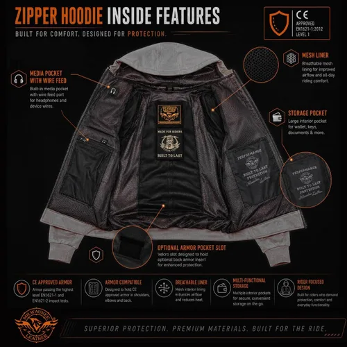 Miniatura 5 de Milwaukee Leather MPM1788 - Sudadera con capucha blindada de motociclista negra aprobada por CE para hombre con aramida de DuPont Fibers - Mediana