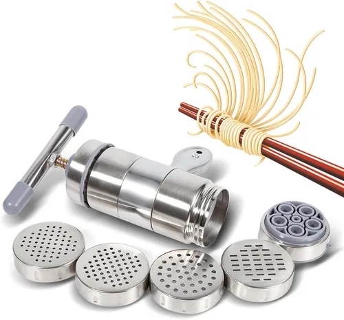 Miniatura 6 de Máquina de fideos, máquina manual portátil de pasta de acero inoxidable con prensa exprimidora de fideos de 5 troqueles, fácil de lavar