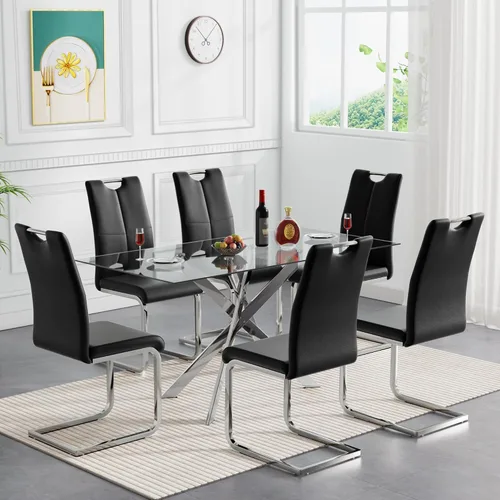 Miniatura 21 de Juego de mesa de comedor de cristal negro de 51 pulgadas para mesa de cocina de 4,5 piezas y sillas con patas de metal y 4 sillas de comedor de piel