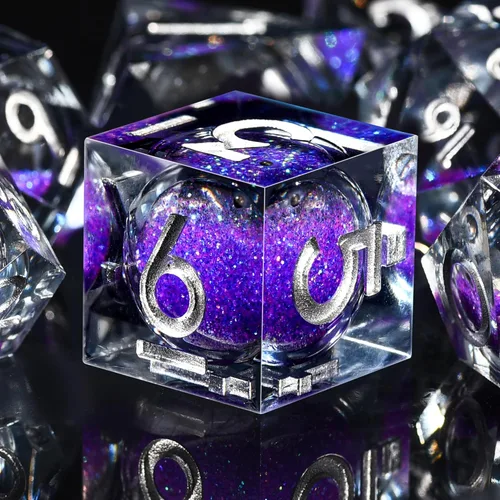 Miniatura 20 de AUSTOR Juego de dados DND de resina de núcleo líquido, de borde afilado poliédricos, juego de 7 dados DND de arena movediza hechos a mano de resina