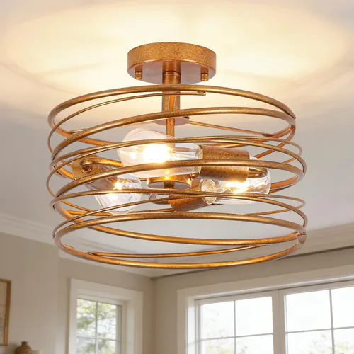 Miniatura 9 de Lámpara de techo de 3 luces rústica en forma de tambor, lámpara colgante semiempotrada negra, candelabros de granja retro de metal tipo jaula