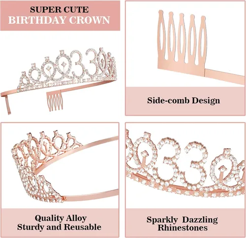 Miniatura 4 de Decoraciones de cumpleaños de 33 años para mujeres, incluyendo banda de cumpleaños, tiara/corona, velas numéricas y decoración de pastel, regalos