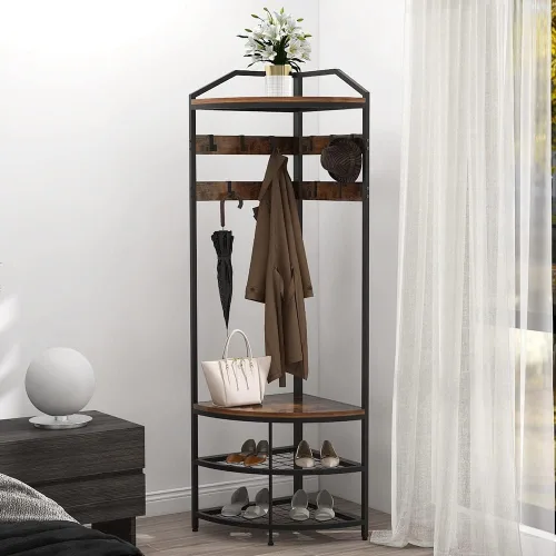 Miniatura 2 de GiftGo Árbol de pasillo de esquina con banco para zapatos, perchero de entrada con 10 ganchos móviles de metal, estante para zapatos y organizador