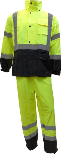 New York Hi-Viz Workwear RK Safety RW-CLA3 Clase 3 Traje de lluvia, chaqueta, pantalones de alta visibilidad, fondo negro reflectante