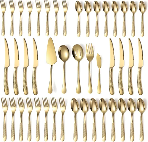 Miniatura 8 de Juego de cubiertos de acero inoxidable de 45 piezas para 8 personas con utensilios para servir, incluye tenedor, cuchillo, cuchara, cubiertos