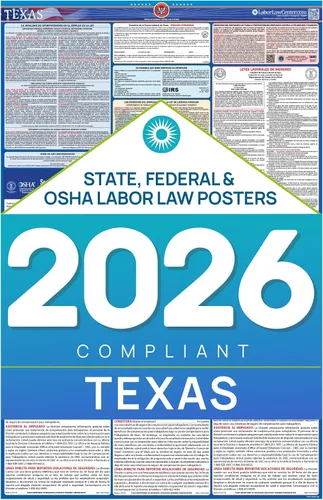 Póster de la ley laboral Texas 2026 – Cumplimiento estatal y federal – OSHA, EEOC, FMLA, salario mínimo – Póster de empleo duradero, laminado e