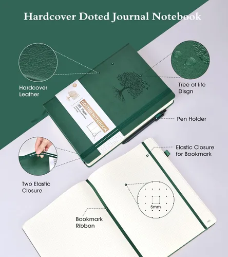 Miniatura 3 de Ansopu Cuaderno de puntos, 360 páginas numeradas, cuadrícula de puntos, de 8.5 x 11 pulgadas, papel de punto de 100gsm, tapa dura gruesa, de cuero