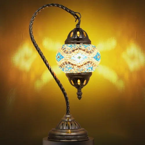 Miniatura 12 de Marrakech Lámpara de mesa turca marroquí con estilo vintage, lámparas Tiffany hechas a mano con vidrio de mosaico y cuello de cisne, base de bronce