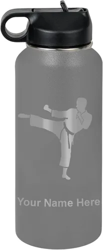Miniatura 53 de Botella de agua personalizada LaserGram, Karate Man, de acero inoxidable con doble pared aislada al vacío con tapa abatible, regalo personalizado